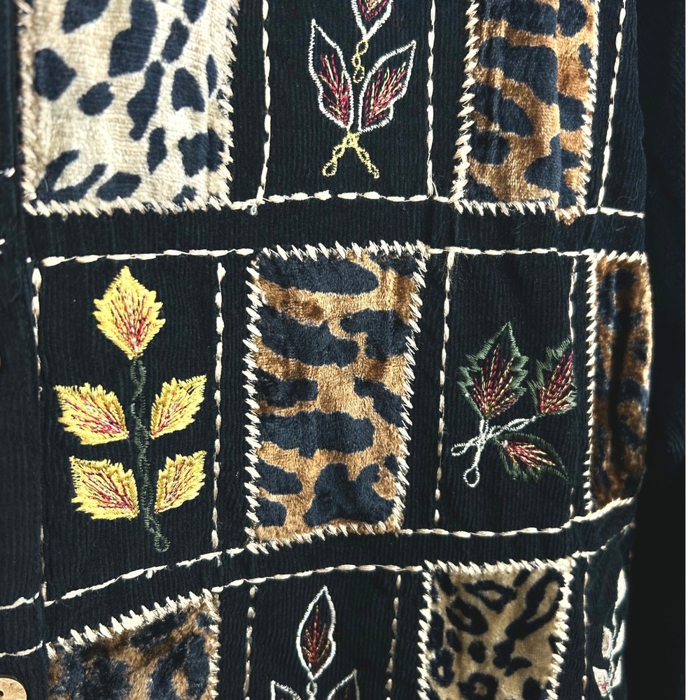 TanTrums Womens Corduroy Patchwork Animal Print Embroidered Jacket Black Large - Picture 6 of 6